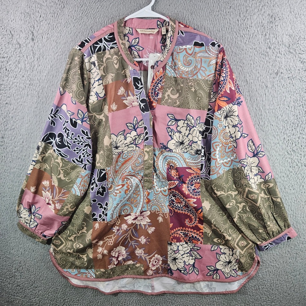 Soft Surroundings Alvadore Fleur Patchwork Top Pink Floral Paisley 1X‎ NEW NWT
